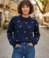 Çiçek Taşlı Triko Lacivert Kazak
