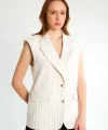 Pul Detaylı Şeritli Uzun Kruvaze Yelek-Ekru