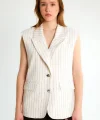 Pul Detaylı Şeritli Uzun Kruvaze Yelek-Ekru
