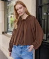 Yakası Büzgülü Kahverengi Bluz