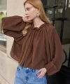 Yakası Büzgülü Kahverengi Bluz