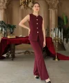 Gold Düğme Yelek Pantolon Takım - Bordo
