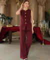 Gold Düğme Yelek Pantolon Takım - Bordo