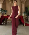 Gold Düğme Yelek Pantolon Takım - Bordo