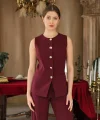 Gold Düğme Yelek Pantolon Takım - Bordo