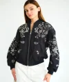 Boncuk İşlemeli Denim Bomber Mont-Lacivert