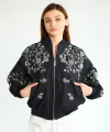 Boncuk İşlemeli Denim Bomber Mont-Lacivert