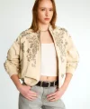 Boncuk İşlemeli Denim Bomber Mont-Bej