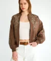 Boncuk İşlemeli Denim Bomber Mont-Kahverengi