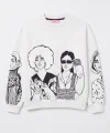 Portre Baskılı Bisiklet Yaka Sweatshirt Ekru