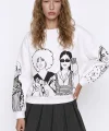 Portre Baskılı Bisiklet Yaka Sweatshirt Ekru