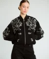 Boncuk İşlemeli Denim Bomber Mont-Siyah