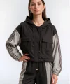 Çizgili Kapüşonlu Oversize Ceket Kahverengi