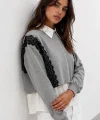 Dantel Detaylı Sweatshirt Gri Melanj