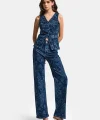 Önü Düğmeli Çiçek Desenli Parlak Taşlı Tasarım Mavi Denim Yelek