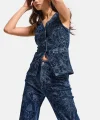 Önü Düğmeli Çiçek Desenli Parlak Taşlı Tasarım Mavi Denim Yelek