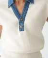 Denim Yaka Kolsuz Kazak-Krem