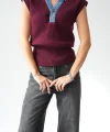 Denim Yaka Kolsuz Kazak-Bordo