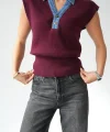 Denim Yaka Kolsuz Kazak-Bordo