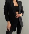 Atlas Kumaş Büzgü Kol Tam Kalıp Siyah Blazer Ceket
