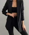 Atlas Kumaş Büzgü Kol Tam Kalıp Siyah Blazer Ceket