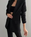 Atlas Kumaş Büzgü Kol Tam Kalıp Siyah Blazer Ceket