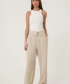 QUZU Bel Detaylı Bol Paça Keten Pantolon Naturel