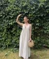 Örgü Detaylı Maxi Boy Keten Elbise-Natural