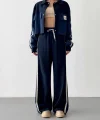 Şerit Yazı Detaylı Yüksek Bel Pantolon Lacivert