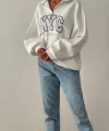 NYC Baskılı Fermuarlı Beyaz Sweatshirt