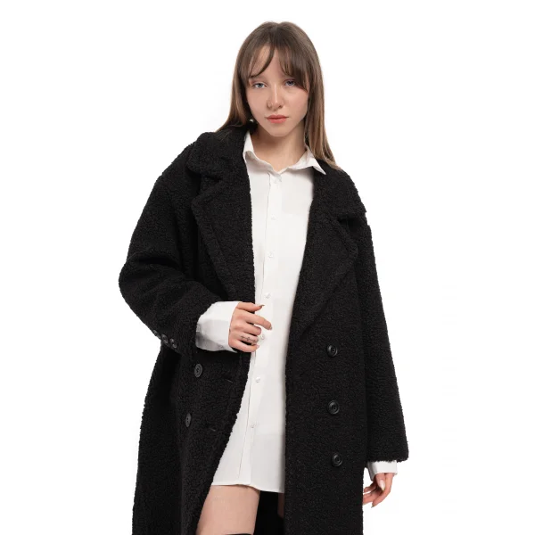 Yün Karışımlı Düğmeli Peluş Kaban Siyah