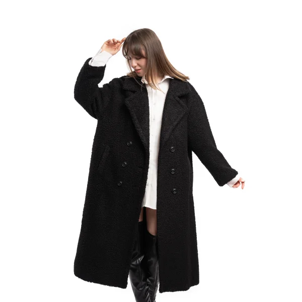 Yün Karışımlı Düğmeli Peluş Kaban Siyah