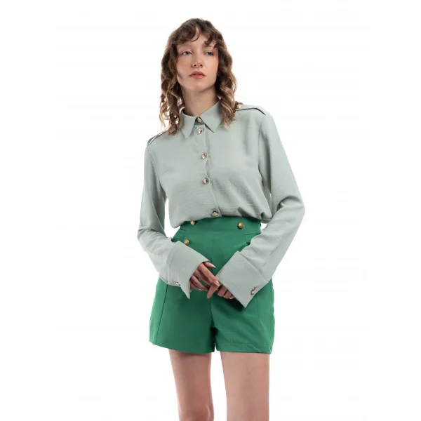 Mint Yeşil Apoletli Gold Düğmeli Gömlek