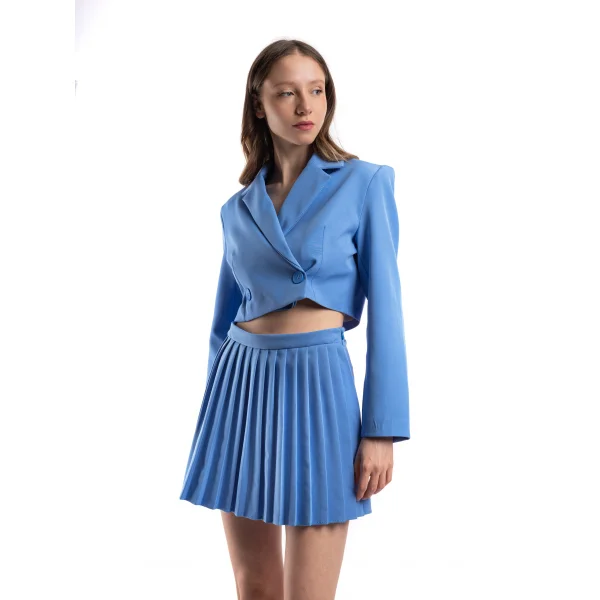 QUZU Kruvaze Mavi Crop Blazer Ceket