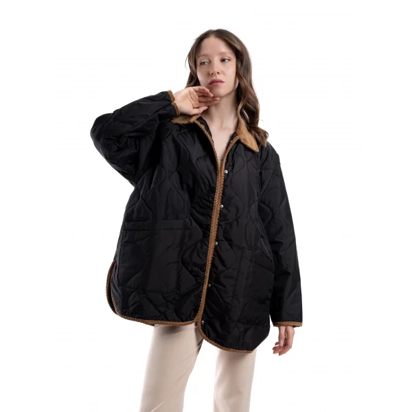 Oversize Kapitone Kadife Yaka Siyah Mevsimlik Ceket