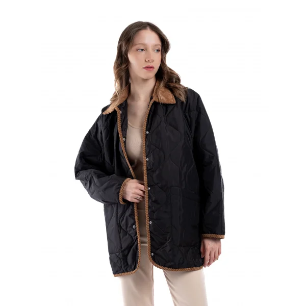 Oversize Kapitone Kadife Yaka Siyah Mevsimlik Ceket