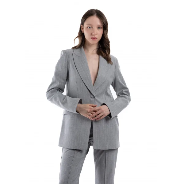 Premium Kalite Çizgili Gri Ceket Pantolon Takım