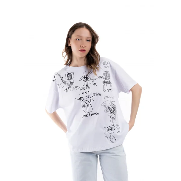 Orj Marka Kontrast Desenli Beyaz Tişört