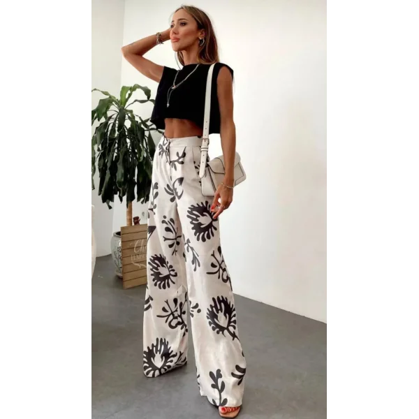 Siyah Çiçek Desenli Krem Palazzo Keten Pantolon