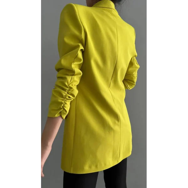 Atlas Kumaş Astarlı Büzgü Kol Tam Kalıp Hardal Blazer Ceket