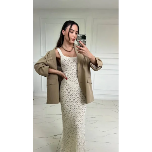 Ekru Dantel Detay Askılı Elbise