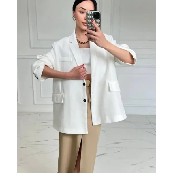 Oversize Düğmeli Beyaz Keten Ceket