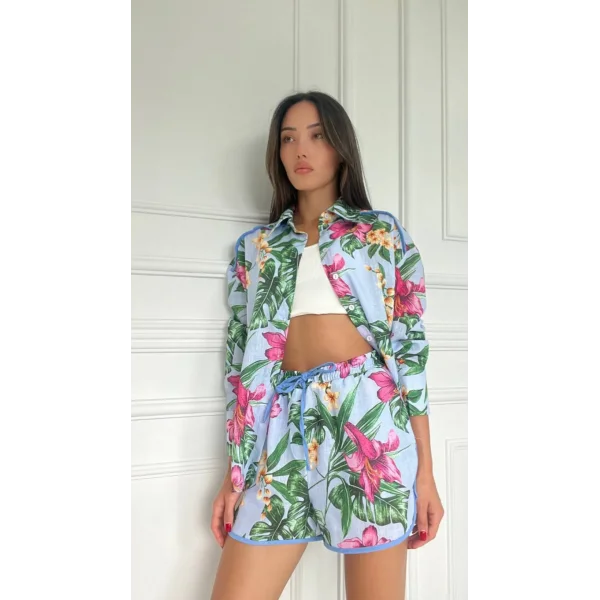 Pamuklu Yeşil Şort Gömlek Takım