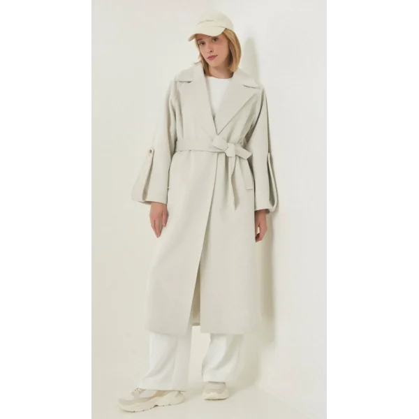 Premium Model Kol Detay Yün Kaban Krem