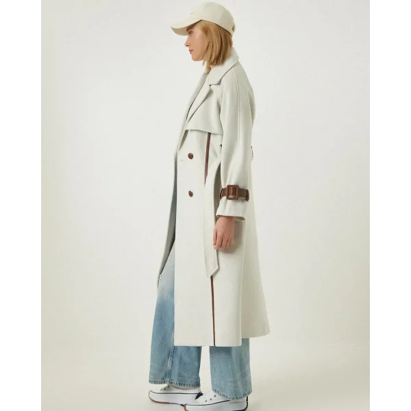 Premium Model Deri Kol Ekru Yün Kaban