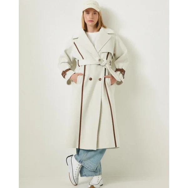 Premium Model Deri Kol Ekru Yün Kaban