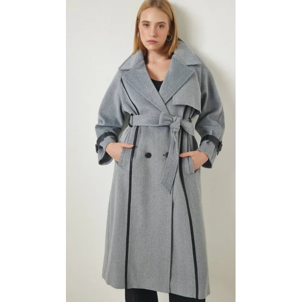 Premium Seri Deri Kol Kemerli Yün Kaban-Gri