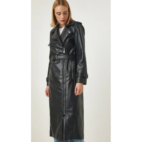 SİYAH FERMUAR DETAYLI DERİ KABAN TRENÇKOT