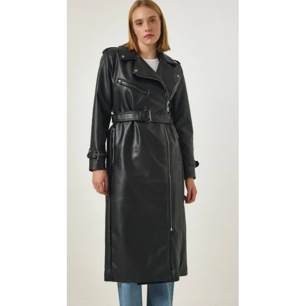 SİYAH FERMUAR DETAYLI DERİ KABAN TRENÇKOT