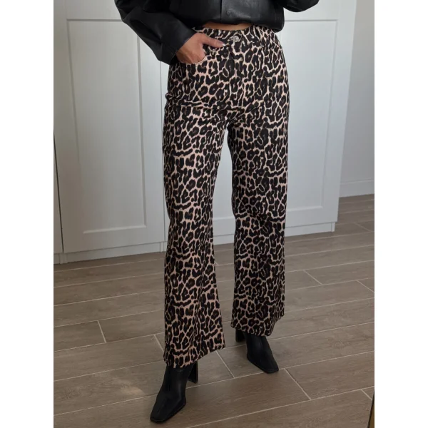Leopar Desen Yüksek Bel Gabardin Pantolon